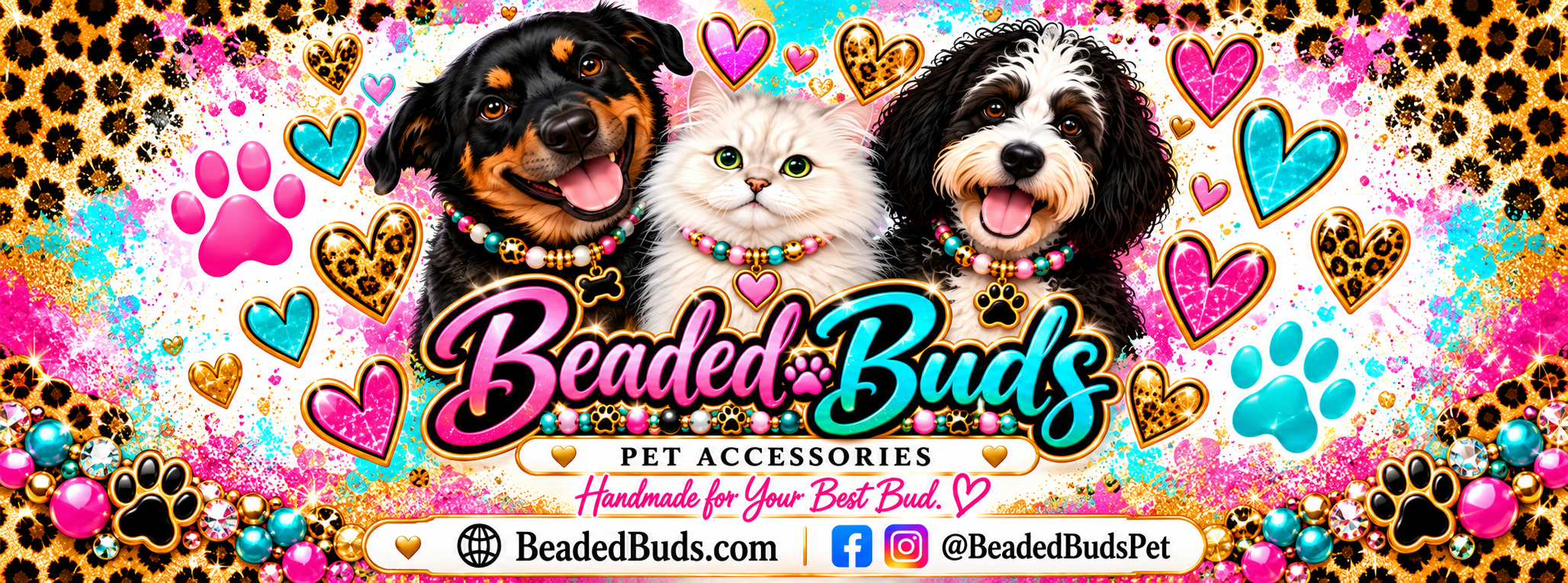 Beaded Buds logo artwork with Briley's black-and-tan dog, fluffy white cat, and small black, white and tan dog